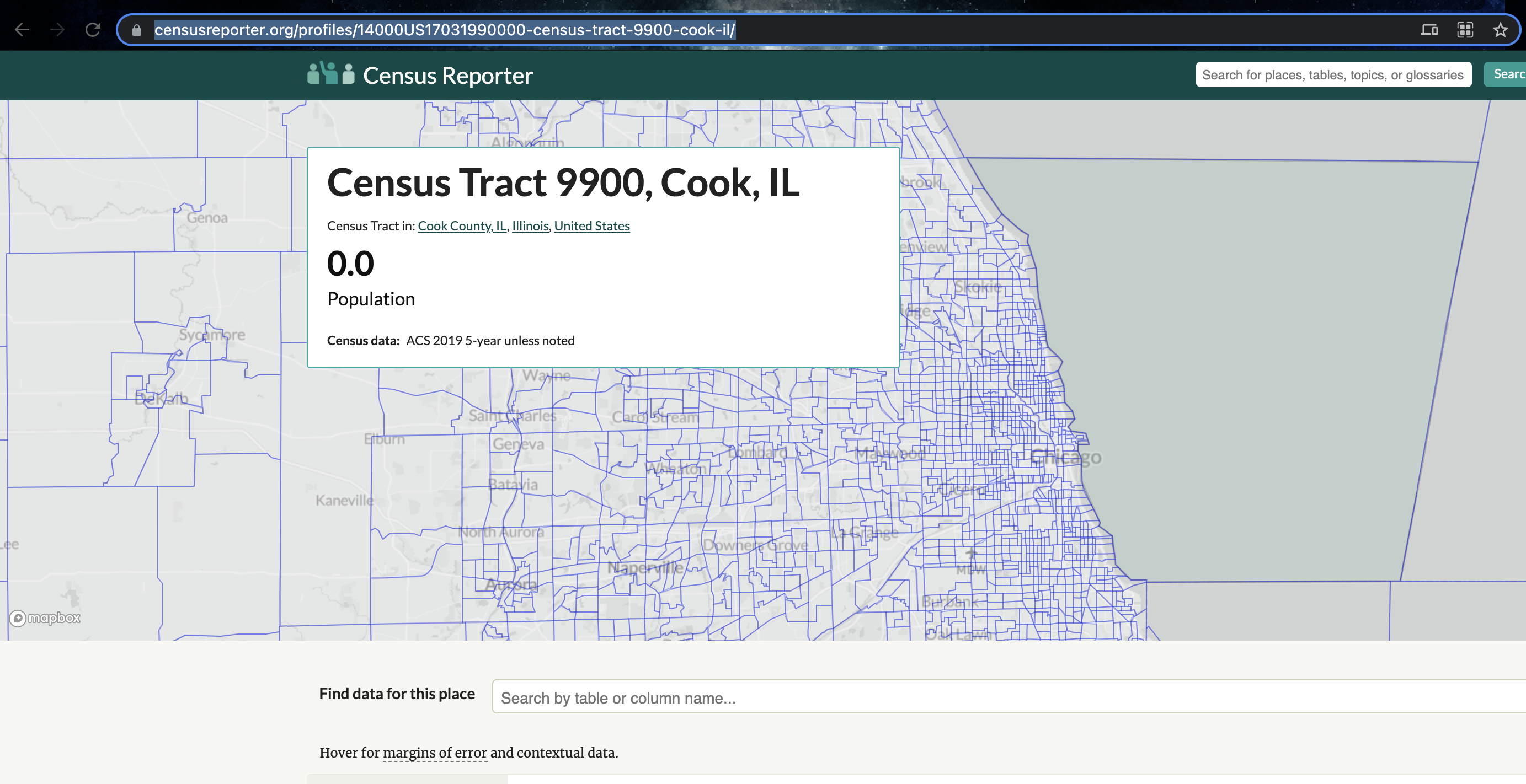 *https://censusreporter.org/profiles/14000US17031990000-census-tract-9900-cook-il/*