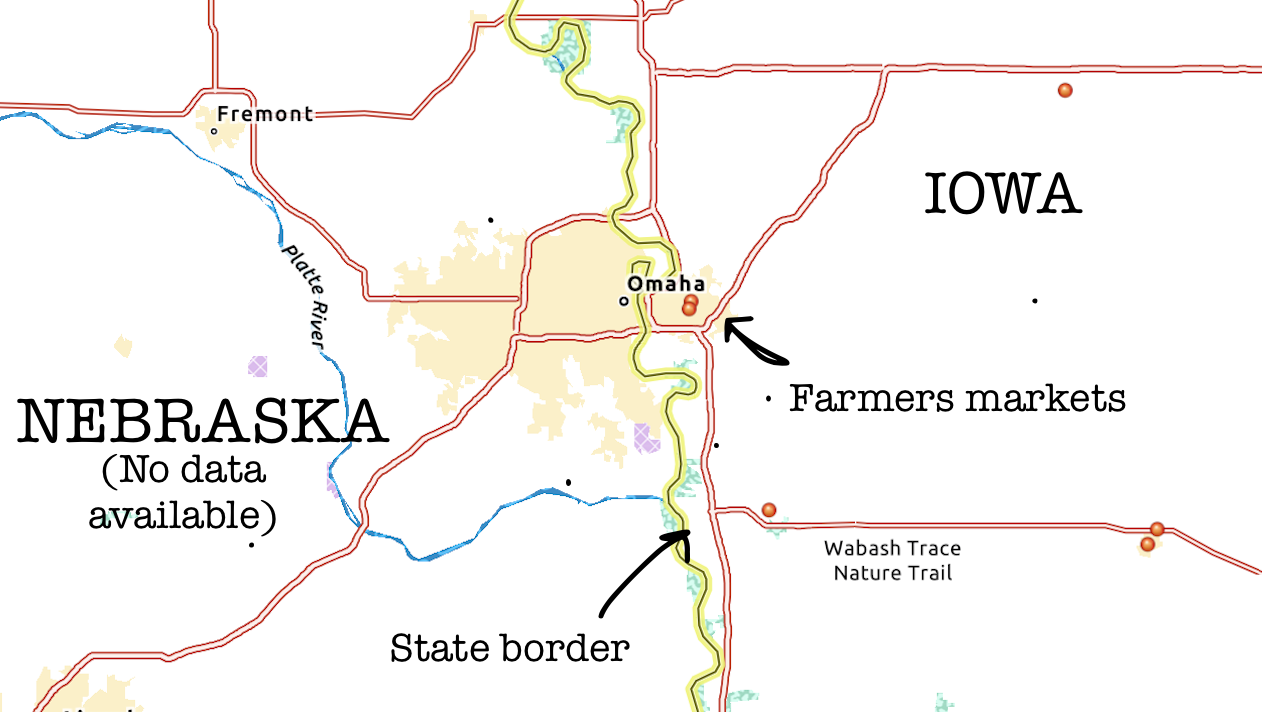 Edge effects in Iowan Markets. Map annotated, with the original obtained from from https://geodata.iowa.gov/datasets/iowa::farmers-markets/