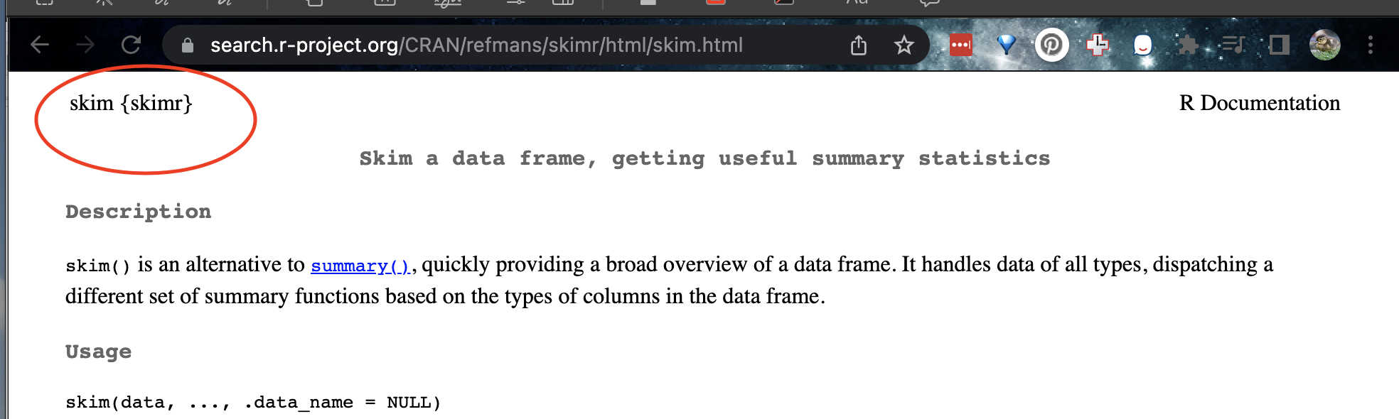 *The skim command is in the skimr package (red circle)*
