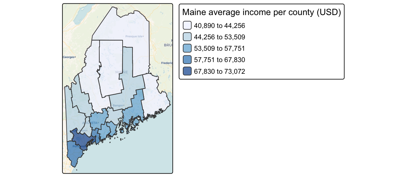 Map of 2020 median per capita income for Maine counties (USA).